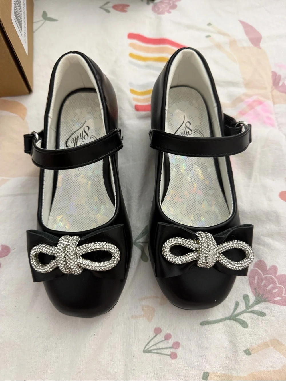 Girls Black Mary Jane Dress Shoes with Crystal Bow Accent